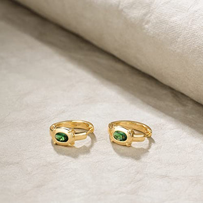 Huggie Hoop Earrings 14K Gold Plated Cubic Zirconia Dainty Simple Cute Beads Elegant CZ Circle Small Hoop Earring for Women Minimalist Handmade Hypoallergenic Jewelry - color: CZ-Oval Green