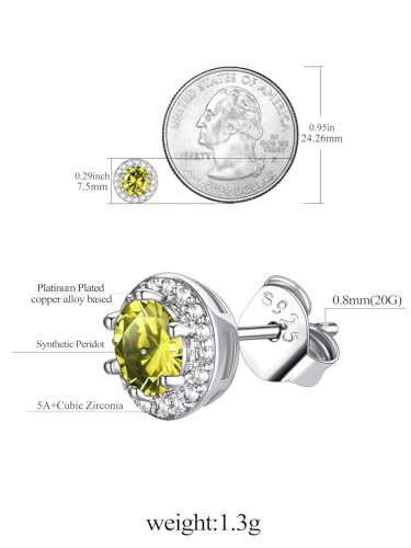 FindChic Birthstone Earrings for Women, Round/Heart/Square/Teardrop Earrings with 925 Sterling Silver Posts & Push Backs, Hypoallergenic Studs with Cubic Zirconia, 12 Months Jewelry with Gift Box - style: 08. August-Peridot (Round)