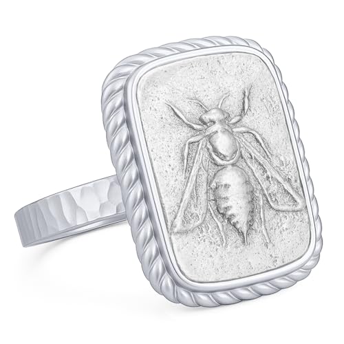 925 Sterling Silver Two Tone Hammered Artemis Honey Bee Coin Signet Ring | Handcrafted Artisan Design, Ancient Queen Bee Heritage, Heirloom Quality, Timeless Keepsake for Meaningful Gifting - color: 04-Sterling Silver Ring - Rhodium Plated Coin