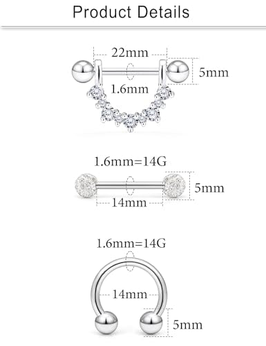 Cisyozi 16G 14G Nipple Piercing Jewelry Tongue Rings Hypoallergenic Surgical Steel Screw Nipple Tongue Shield Ring Barbell Body Piercing Jewelry Retainer for Women 9/16 Inch 14mm - color: A:14G(1.6MM)-8Pairs - Silver