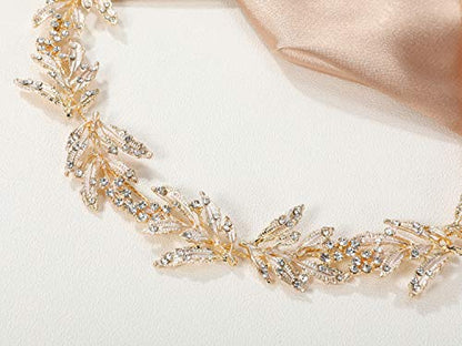 SWEETV Leaf Wedding Headpieces for Bride Flower Girl Gold Bridal Headband with Rhinestones Women Handmade Hair Accessories - color: Gold