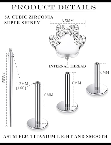 16G Astm F136 Titanium Internal Thread Flat Back Earrings Nose Studs Tragus Forward Helix Conch Cartilage Lobe Earrings Stud Medusa Labret Monroe Lip Ring Piercing Jewelry For Women Men - size: 16G--Style F