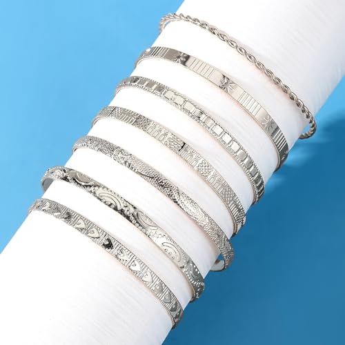 IFKM Gold Bangle Bracelets For Women, 14k Gold Plated Multi Layer Stackable Cuff Bracelet Set, Trendy Elegance Charms Non Tarnish Minimalist Textured Boho Jewelry Gift for Women - style: 7pcs Hexawn star twist silver