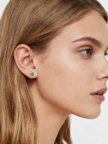 FindChic Birthstone Earrings for Women, Round/Heart/Square/Teardrop Earrings with 925 Sterling Silver Posts & Push Backs, Hypoallergenic Studs with Cubic Zirconia, 12 Months Jewelry with Gift Box - style: 05. May-Emerald (Heart-Silver)
