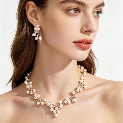 Simulated Pearl Bridal Jewelry Set White Pearl Leaf Pendant Necklace Earrings Set Zinc Alloy Rhinestone Wedding Party Jewelry for Bridesmaids Bride - color: DAN003