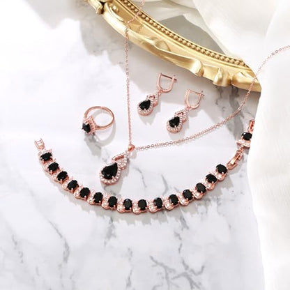Wedding Jewelry Set for Women Bride Bridesmaid | Gorgeous Cubic Zirconia Teardrop Necklace Earrings Bracelet Adjustable Ring Jewelry Gift for Birthday/Anniversary - color: 13-Black Rose-Gold-Tone