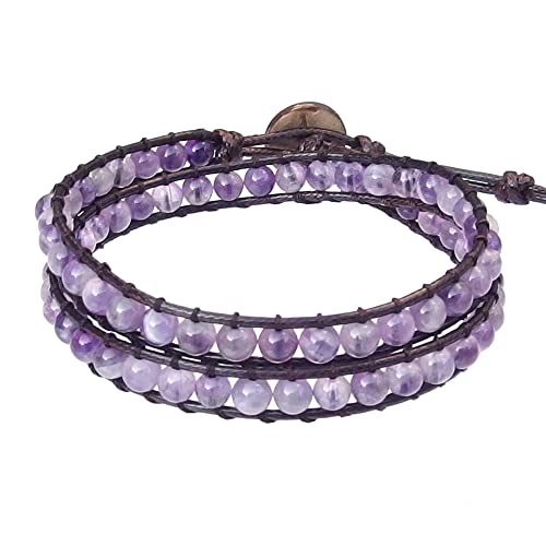 Genuine Stone Wrap Bracelets for Women Natural Crystal Beaded Wrap Bracelet 2/3/5 Adjustable Bohemian Bracelets Jewelry Gifts for Women Mom - color: amethyst(2 wraps)