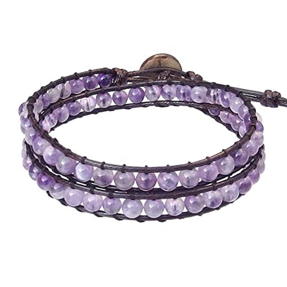 Genuine Stone Wrap Bracelets for Women Natural Crystal Beaded Wrap Bracelet 2/3/5 Adjustable Bohemian Bracelets Jewelry Gifts for Women Mom - color: amethyst(2 wraps)
