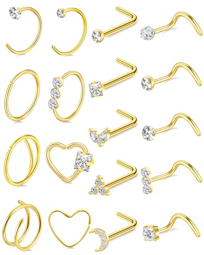 27-60 Pcs Nose Rings for Women Nose Piercing Jewelry Silver Nose Rings Studs 20G Surgical Nose Rings Hoops Nose Rings L Shaped Studs Screw Stainless Steel Nose Piercings for Women Men - color: gold-20G-18 pcs
