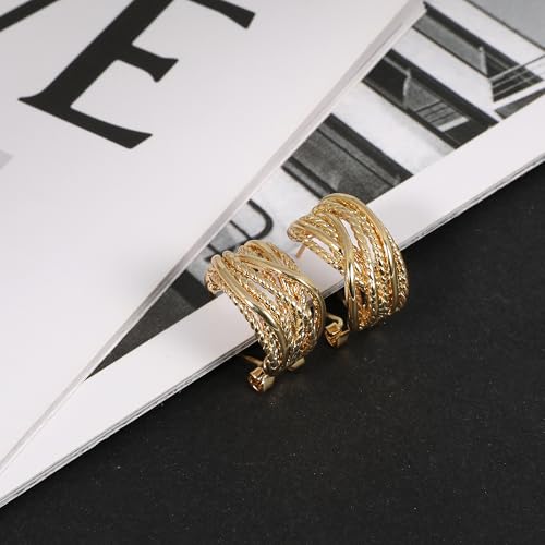 Mytys Two Tone Huggie Hoop Earrings Cross Over Design Twisted Rope Silver Gold Statement Wide Band Clip On Hoops for Women Fashion Jewelry Gift - color: Gold