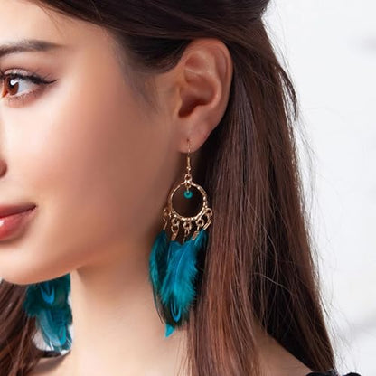 Feather Earrings for Women Boho Jewelry Peacock Feather Long Brown Light weight Western Earrings - color: A2:blue feather earrings