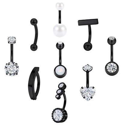 Vsnnsns 14G Clicker Belly Button Ring Piercing Jewelry 316L Stainless Surgical Steel Diamond CZ Navel Rings Clear CZ Clip Belly Button Ring Piercing Jewelry for Women Men 14 Gauge 10MM 12MM - color: 10MM-Black-CZ