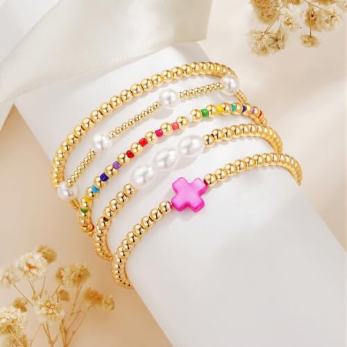 Turandoss 5PCS 14K Gold Plated Beaded Stretch Bracelets Set for Women | Stacked Bow Cross Wave Knot Pearl Beads Bracelet Set, Waterproof 7 Inch Stretch Elastic, Summer Jewelry Gifts for Women Girls - color: 5PCS Pink Cross Beaded Bracelets