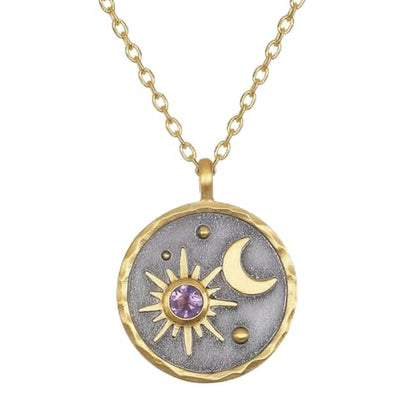 Gold Sun Moon and Stars Pendant Necklace with Birthstone Crystals as Center of Sun, Two-Tone Stainless Steel, Celestial Theme, Astrology Gift for Women, 16-20 Inch Adjustable Cable Chain - color: February Amethyst