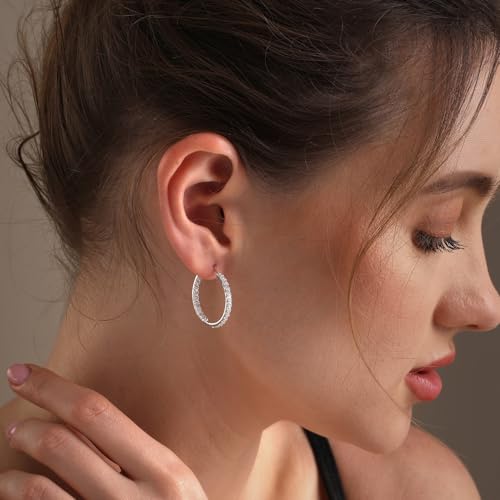 LeCalla 925 Sterling Silver Cubic Zirconia Hoop Earrings | Silver Small Chunky CZ Hoop Earrings | Hypoallergenic Round Click-Top Earring Hoops for Women - color: CZ Inside-Out -25MM