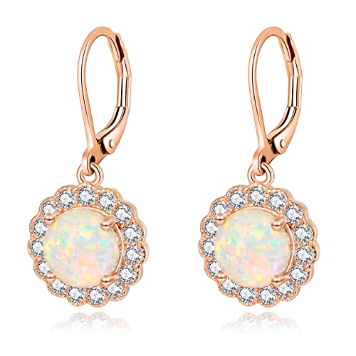 CiNily Leverback Pink Opal Dangle Drop Earrings for Women 14K Rose Gold Plated Teardrop Earrings