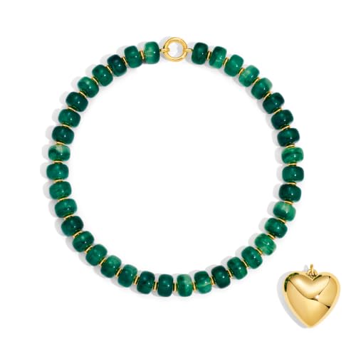 Chunky Heart Necklaces for Women Colorful Resin Beaded Necklaces for Women Gold Puffy Heart Statement Necklace Trendy Acrylic Choker Jewelry Gift - color: B-Deep Green