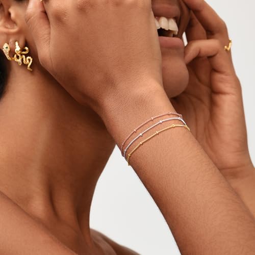 MEVECCO Dainty Chain Bracelets for Women, Layered and Charm Styles | 14K Gold Plated Brass, Select Cubic Zirconia Accents, Single and Multi-Row Structures for Refined Everyday Wristwear - style: Satellite Chain 3 Tone