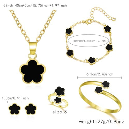 Clover Jewelry Set for Women Non Tarnish Gold-Tone Five Leaf Clover Necklace, Earrings, Ring, Bracelet Fashion Simple Floral Jewelry Set - color: Black