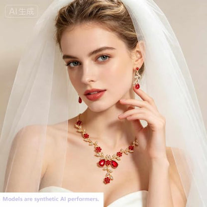 Kamirola Women's Wedding Jewelry Leaf Cluster Flower Crystal Dangle Earrings Pendant Necklace Set for BridalCrystal Bridal Jewelry Set - color: Gold Red