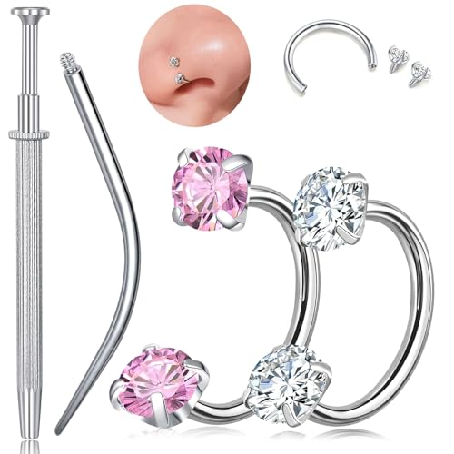 G23 Titanium Horseshoe Nose Ring 20G, 2 Pcs Double Gem Nose Ring for Women, 6mm 7mm 8mm Hypoallergenic Horseshoe Nose Rings Helix Tragus Earring Hoops Labret Lip Piercing Jewelry Small Septum Rings - color: 20G-6mm+7mm-2 Pcs Silver-White & Pink CZ