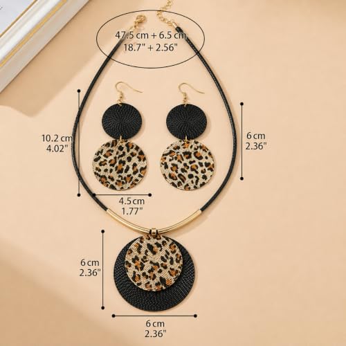Statement Necklace and Earrings Set – 2PCS Gold Silver Chunky Geometric Pendant Jewelry with Snake Chain, Asymmetrical Ellipse Y-Necklace Metallic Fashion Jewelry for Women - color: D:Leopard Pattern