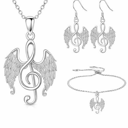 SUPAC Musical Note Jewelry Set, 4-Piece Silver Treble Clef Design, Necklace Bracelet Earrings Keychain - color: Silver/Rose Gold