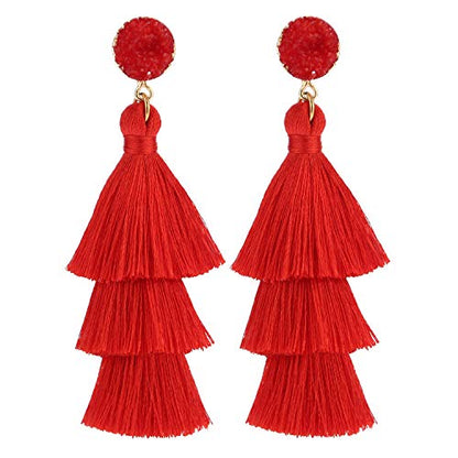 Bohemian Tiered Tassel Earrings with Druzy Stud for Women | Long Layered Fringe Drop Earrings, Statement Jewelry for Party Beach Festival - color: Red