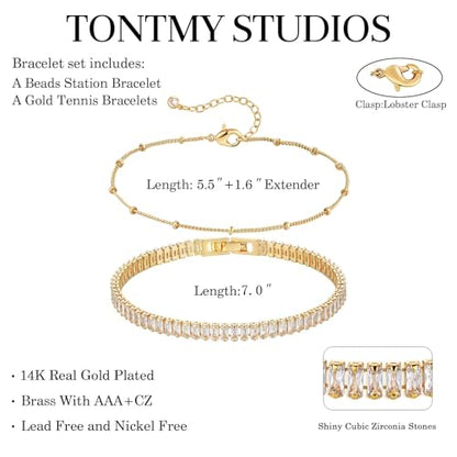Bracelet for Women Gold Layered Set 14K Gold Filled Stackable Bracelets Trendy Figaro Satellite Chain Cuban Link Minimalist Dainty Bracelet Tennis Bracelet Jewelry - style: Tennis & Satellite