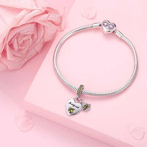Birthstone Charms for Charms Bracelet: 925 Sterling Silver Heart Dangle Charms for Bracelets and Necklaces, Birthday Mother's Day Christmas Gifts For Women. - color: August