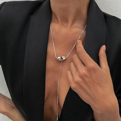 Trendy Long Gold or Silver Teardrop Tassel Y Necklace, Delicate Hollow Irregular Geometric Necklaces for Women Punk Party Charm Statement Jewelry Gift - color: Silver