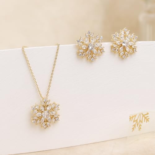 Gold Silver Stud Earrings Pendent Necklace Sets for Women, Dainty Rhinestone Crystal Necklace Earing Jewelry Set Wedding Accessories Fashion Holiday Gift - color: snowflakegold