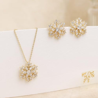 Gold Silver Stud Earrings Pendent Necklace Sets for Women, Dainty Rhinestone Crystal Necklace Earing Jewelry Set Wedding Accessories Fashion Holiday Gift - color: snowflakegold