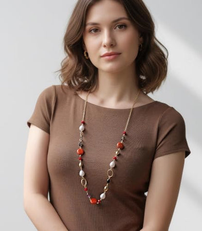 Long Gold Necklaces for Women Trendy Beaded Chain Necklace Chunky Costume Jewelry Gifts for Her - color: Red Agate