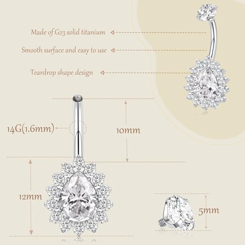 AROWRO Gold Belly Button Ring G23 Titanium Hypoallergenic 14G belly ring for Women Men Teardrop Navel Piercing Jewelry 10mm Barbell With Cubic Zircon - color: Sliver+Clear CZ