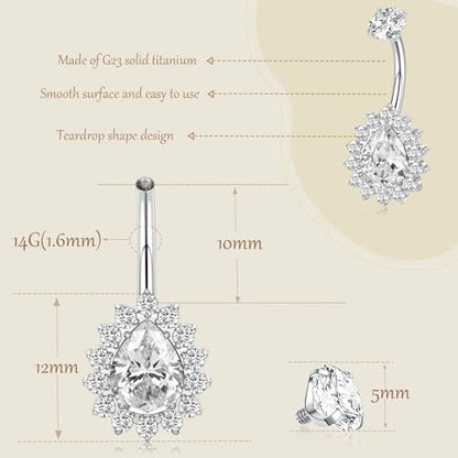 AROWRO Gold Belly Button Ring G23 Titanium Hypoallergenic 14G belly ring for Women Men Teardrop Navel Piercing Jewelry 10mm Barbell With Cubic Zircon - color: Sliver+Clear CZ
