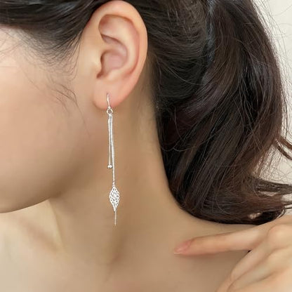 925 Sterling Silver Dangle Earrings with Charms Heart, Water drop, Moon, Star Long Drop Earring for Women Jewelry Gifts Hypoallergenic - color: leaf hanging