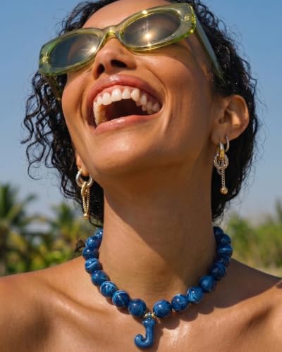 DoDoBeads Chunky Colorful Beaded Initial Necklace, Bubble Letter Choker | Gift box and dust pouch included; waterproof and sweat-resistant with real gold plated stainless steel hardware - color: Universe-M