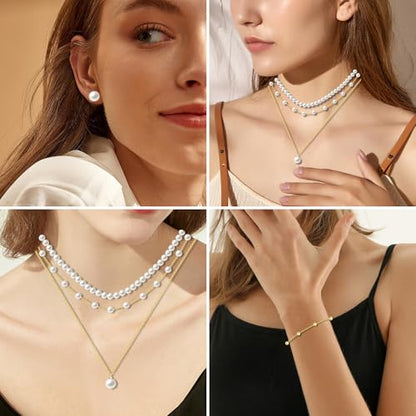 Pearl Jewelry Set for Women Faux Pearl Costume Jewelry Set with Necklace, Bracelets, Ring, Earrings for Wedding Bridal Birthday Tea Party - color: Gold