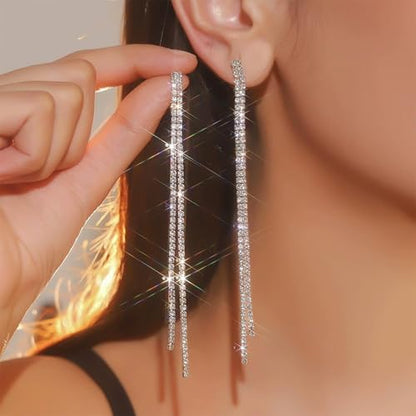 Rhinestone Earrings Prom Earrings for Women Sparkly Long Tassel Chandelier Drop Statement Earring Jewerly Gifts Wedding Party Prom Dresses Accessories - color: C1:silver