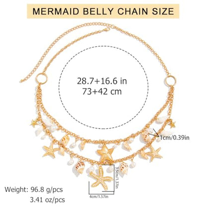 Seashell Starfish Waist Chain for Women Boho Conch Body Chains Gold Belly Chain Summer Beach Pearl Body Jewelry - style: 2-Layer