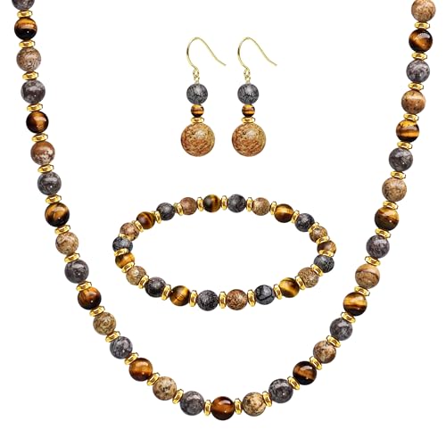 Beaded Necklaces for Women 3Pcs Colorful Boho Gemstone Bead Choker Summer Natural Stone Surfer Beach Bead Necklace Bracelets Earring Set Handmade Jewelry for Women Gift Jewelry Sets - color: Tiger eyes