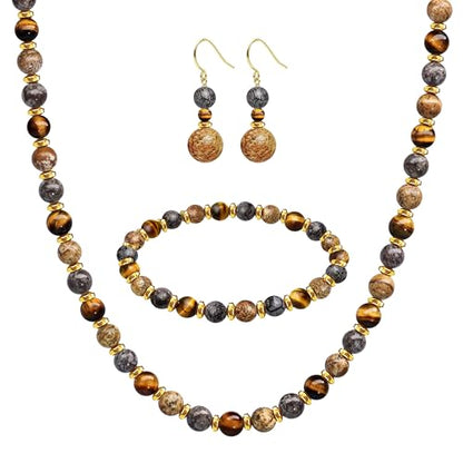 Beaded Necklaces for Women 3Pcs Colorful Boho Gemstone Bead Choker Summer Natural Stone Surfer Beach Bead Necklace Bracelets Earring Set Handmade Jewelry for Women Gift Jewelry Sets - color: Tiger eyes