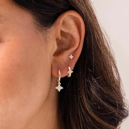 3 Pairs Earring Stacks, Gold Earring Set Jewelry Gift for Women | Small, 14K Gold/White Gold/Black/Rose Gold Plated, Hypoallergenic, Her, Everday, Stackable, Simple, 3 Holes - color: Gold-Clover