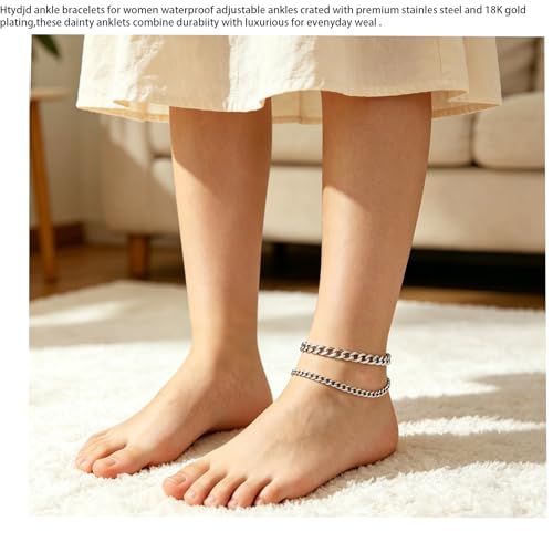 Ankle Bracelets for Women Adjustable 18k Plated Gold Anklets Water Proof Stainless Steel Cuban Link Anklet Chains Beachy Womens Big ankles Anklet Fashion Accessories (silver) - color: Gold