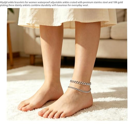Ankle Bracelets for Women Adjustable 18k Plated Gold Anklets Water Proof Stainless Steel Cuban Link Anklet Chains Beachy Womens Big ankles Anklet Fashion Accessories (silver) - color: Gold