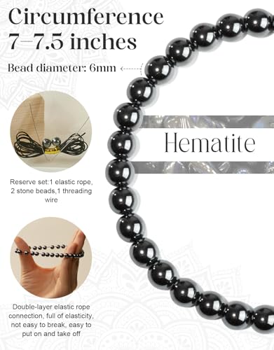 Natural Stone Beaded Bracelets for Men Women, 4mm 6mm 8mm | Healing Crystal, Protection Gemstone, Gift Packaging with Energy Card, Stretch Jewelry, Replacement Beads Included, 18 Stone - color: Hematite(Protection & Stabilization), size: 6mm