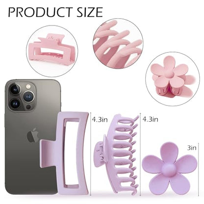 Large Hair Claw Clips 12 Pack, Flower Hair Clips for Thin Hair, Big Square Matte Strong hold for Thick Hair, 3 Styles Hair Clips for Women Thick Hair - color: Blue, Pink, Purple, Black