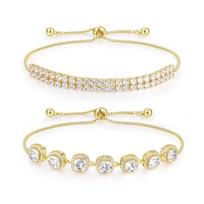 MDFUN 2 Pcs Tennis Bracelets for Women,Bracelet Adjustable Slider 6-9 Inch | 18K White/Gold Plated Cubic Zirconia Tennis Bracelet