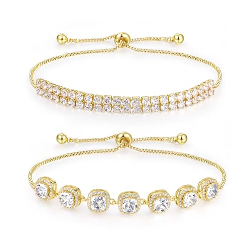 MDFUN 2 Pcs Tennis Bracelets for Women,Bracelet Adjustable Slider 6-9 Inch | 18K White/Gold Plated Cubic Zirconia Tennis Bracelet